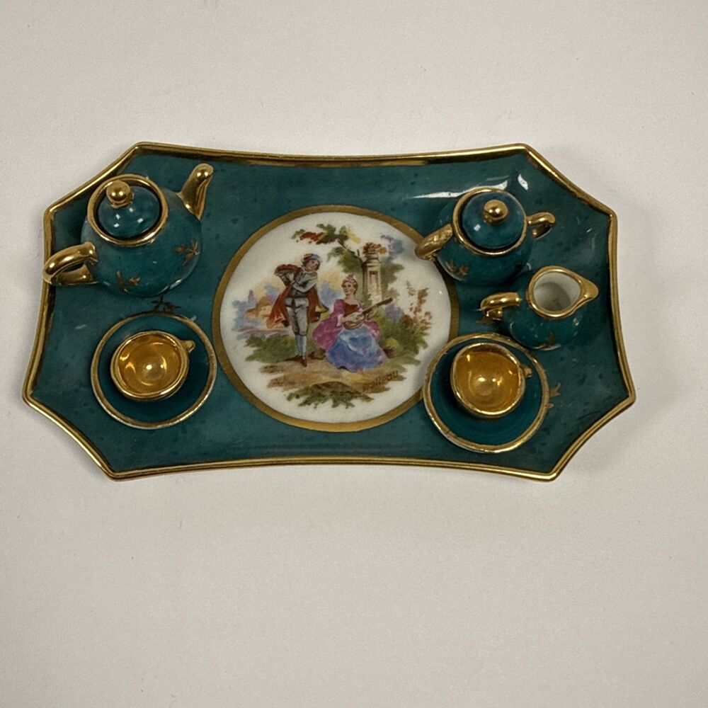 Vintage Limoges France porcelain miniature Tea set green polka dot 10pc